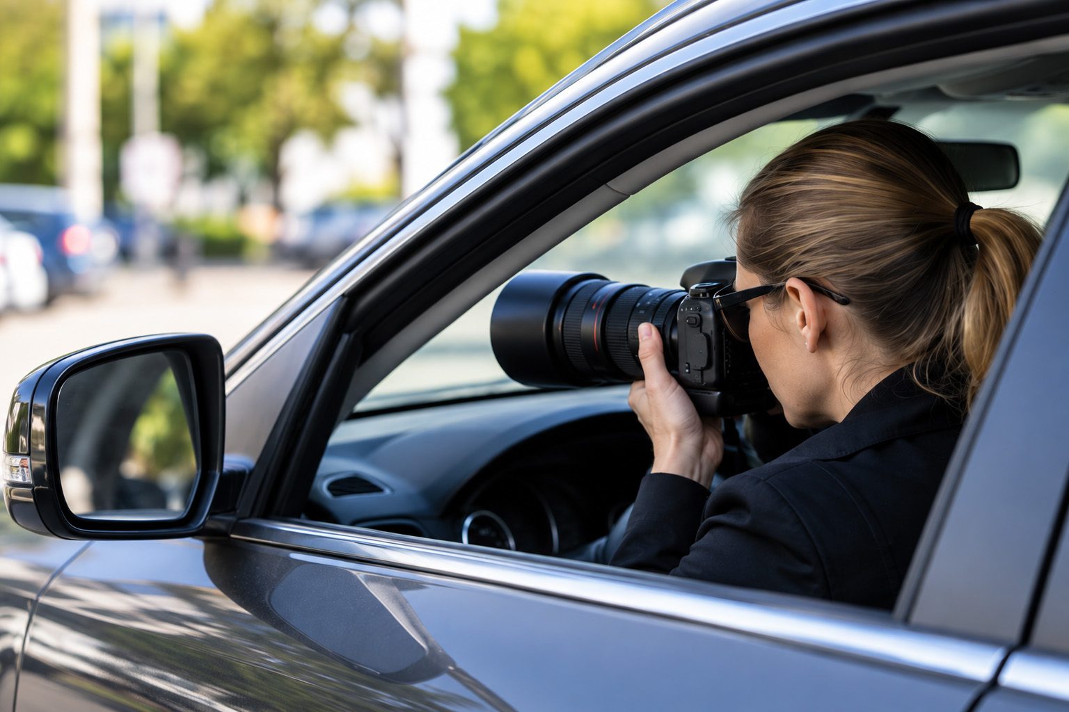 Private investigator running surveillance from a vehicle